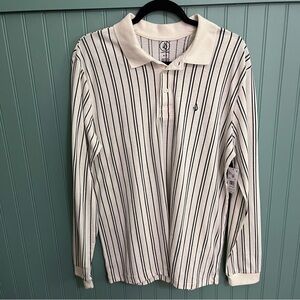 Volcom Long Sleeve Nick Striped Polo Shirt - Cream with Black Stripes
